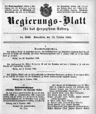 Regierungs-Blatt für das Herzogtum Coburg (Coburger Regierungs-Blatt) Samstag 13. Oktober 1888