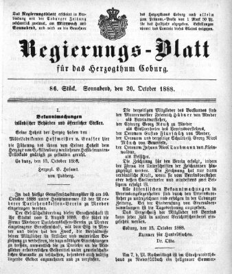 Regierungs-Blatt für das Herzogtum Coburg (Coburger Regierungs-Blatt) Samstag 20. Oktober 1888