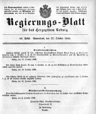 Regierungs-Blatt für das Herzogtum Coburg (Coburger Regierungs-Blatt) Samstag 27. Oktober 1888