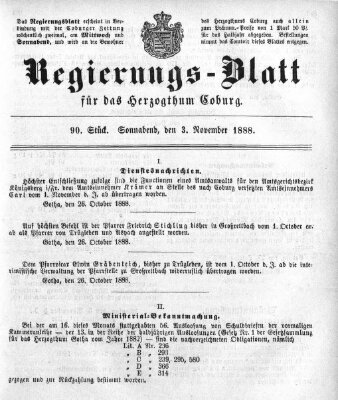 Regierungs-Blatt für das Herzogtum Coburg (Coburger Regierungs-Blatt) Samstag 3. November 1888