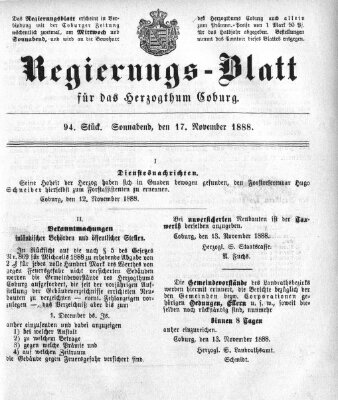 Regierungs-Blatt für das Herzogtum Coburg (Coburger Regierungs-Blatt) Samstag 17. November 1888