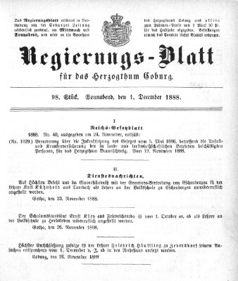 Regierungs-Blatt für das Herzogtum Coburg (Coburger Regierungs-Blatt) Samstag 1. Dezember 1888