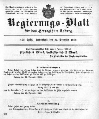 Regierungs-Blatt für das Herzogtum Coburg (Coburger Regierungs-Blatt) Samstag 29. Dezember 1888