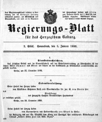 Regierungs-Blatt für das Herzogtum Coburg (Coburger Regierungs-Blatt) Samstag 5. Januar 1889