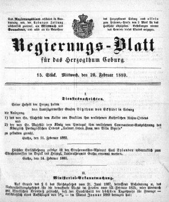 Regierungs-Blatt für das Herzogtum Coburg (Coburger Regierungs-Blatt) Mittwoch 20. Februar 1889