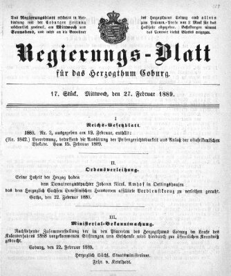 Regierungs-Blatt für das Herzogtum Coburg (Coburger Regierungs-Blatt) Mittwoch 27. Februar 1889