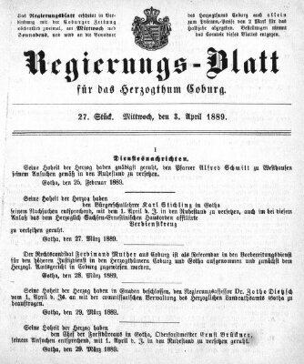 Regierungs-Blatt für das Herzogtum Coburg (Coburger Regierungs-Blatt) Mittwoch 3. April 1889