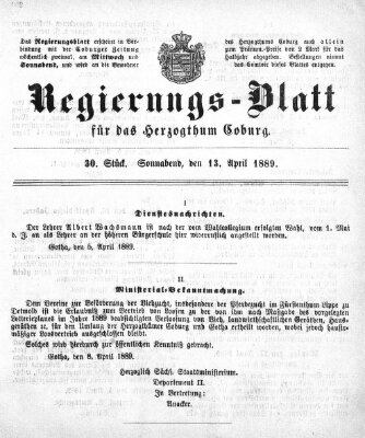 Regierungs-Blatt für das Herzogtum Coburg (Coburger Regierungs-Blatt) Samstag 13. April 1889