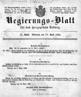 Regierungs-Blatt für das Herzogtum Coburg (Coburger Regierungs-Blatt) Mittwoch 17. April 1889