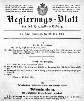 Regierungs-Blatt für das Herzogtum Coburg (Coburger Regierungs-Blatt) Samstag 27. April 1889