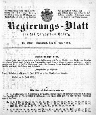 Regierungs-Blatt für das Herzogtum Coburg (Coburger Regierungs-Blatt) Samstag 8. Juni 1889