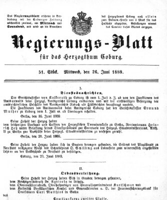 Regierungs-Blatt für das Herzogtum Coburg (Coburger Regierungs-Blatt) Mittwoch 26. Juni 1889