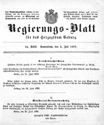 Regierungs-Blatt für das Herzogtum Coburg (Coburger Regierungs-Blatt) Samstag 6. Juli 1889