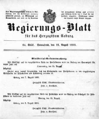 Regierungs-Blatt für das Herzogtum Coburg (Coburger Regierungs-Blatt) Samstag 10. August 1889