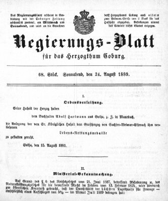 Regierungs-Blatt für das Herzogtum Coburg (Coburger Regierungs-Blatt) Samstag 24. August 1889