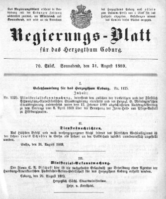 Regierungs-Blatt für das Herzogtum Coburg (Coburger Regierungs-Blatt) Samstag 31. August 1889