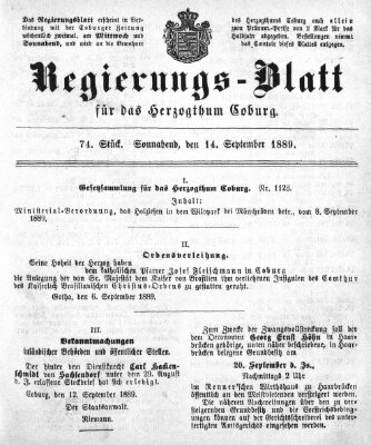 Regierungs-Blatt für das Herzogtum Coburg (Coburger Regierungs-Blatt) Samstag 14. September 1889