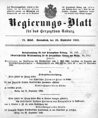 Regierungs-Blatt für das Herzogtum Coburg (Coburger Regierungs-Blatt) Samstag 28. September 1889