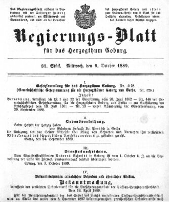 Regierungs-Blatt für das Herzogtum Coburg (Coburger Regierungs-Blatt) Mittwoch 9. Oktober 1889