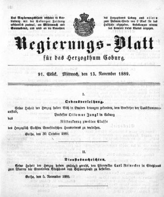 Regierungs-Blatt für das Herzogtum Coburg (Coburger Regierungs-Blatt) Mittwoch 13. November 1889