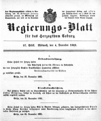 Regierungs-Blatt für das Herzogtum Coburg (Coburger Regierungs-Blatt) Mittwoch 4. Dezember 1889