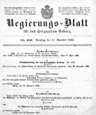 Regierungs-Blatt für das Herzogtum Coburg (Coburger Regierungs-Blatt) Dienstag 31. Dezember 1889