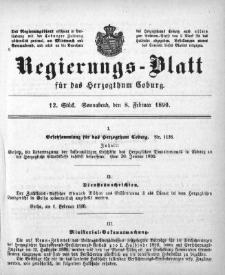 Regierungs-Blatt für das Herzogtum Coburg (Coburger Regierungs-Blatt) Samstag 8. Februar 1890