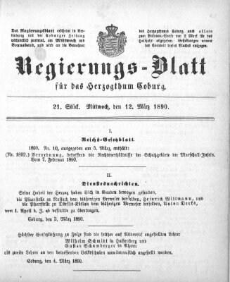 Regierungs-Blatt für das Herzogtum Coburg (Coburger Regierungs-Blatt) Mittwoch 12. März 1890