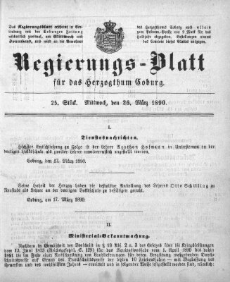 Regierungs-Blatt für das Herzogtum Coburg (Coburger Regierungs-Blatt) Mittwoch 26. März 1890