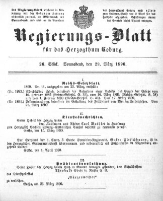 Regierungs-Blatt für das Herzogtum Coburg (Coburger Regierungs-Blatt) Samstag 29. März 1890