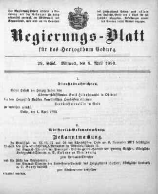 Regierungs-Blatt für das Herzogtum Coburg (Coburger Regierungs-Blatt) Mittwoch 9. April 1890