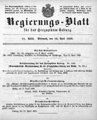 Regierungs-Blatt für das Herzogtum Coburg (Coburger Regierungs-Blatt) Mittwoch 16. April 1890