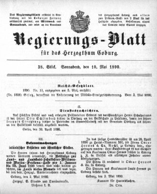 Regierungs-Blatt für das Herzogtum Coburg (Coburger Regierungs-Blatt) Samstag 10. Mai 1890