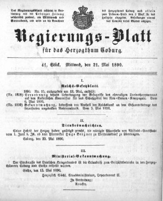 Regierungs-Blatt für das Herzogtum Coburg (Coburger Regierungs-Blatt) Mittwoch 21. Mai 1890