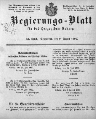 Regierungs-Blatt für das Herzogtum Coburg (Coburger Regierungs-Blatt) Samstag 9. August 1890