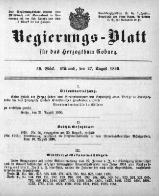 Regierungs-Blatt für das Herzogtum Coburg (Coburger Regierungs-Blatt) Mittwoch 27. August 1890