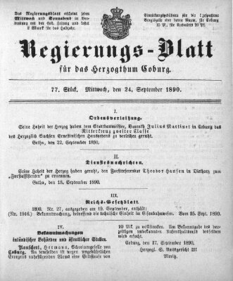 Regierungs-Blatt für das Herzogtum Coburg (Coburger Regierungs-Blatt) Mittwoch 24. September 1890