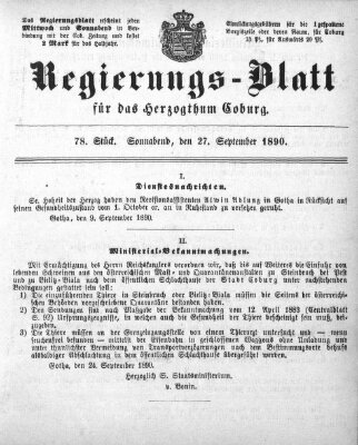 Regierungs-Blatt für das Herzogtum Coburg (Coburger Regierungs-Blatt) Samstag 27. September 1890