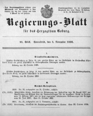 Regierungs-Blatt für das Herzogtum Coburg (Coburger Regierungs-Blatt) Samstag 8. November 1890