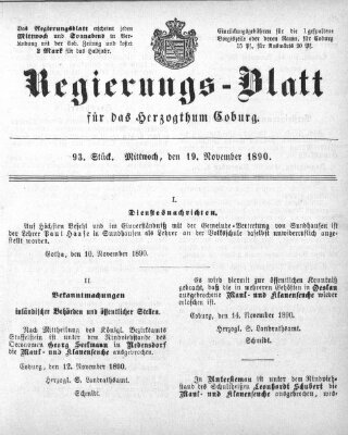 Regierungs-Blatt für das Herzogtum Coburg (Coburger Regierungs-Blatt) Mittwoch 19. November 1890