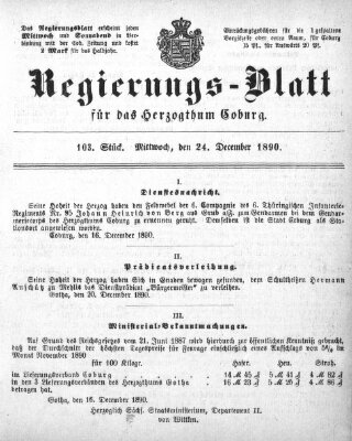 Regierungs-Blatt für das Herzogtum Coburg (Coburger Regierungs-Blatt) Mittwoch 24. Dezember 1890