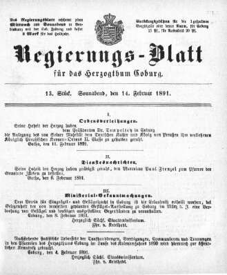 Regierungs-Blatt für das Herzogtum Coburg (Coburger Regierungs-Blatt) Samstag 14. Februar 1891