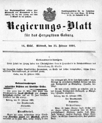 Regierungs-Blatt für das Herzogtum Coburg (Coburger Regierungs-Blatt) Mittwoch 25. Februar 1891