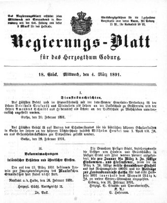 Regierungs-Blatt für das Herzogtum Coburg (Coburger Regierungs-Blatt) Mittwoch 4. März 1891