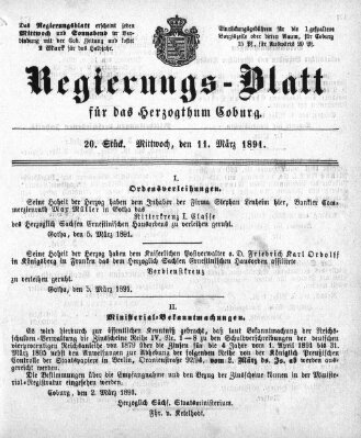 Regierungs-Blatt für das Herzogtum Coburg (Coburger Regierungs-Blatt) Mittwoch 11. März 1891