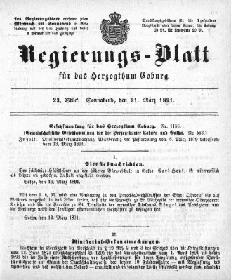 Regierungs-Blatt für das Herzogtum Coburg (Coburger Regierungs-Blatt) Samstag 21. März 1891