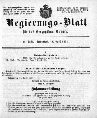 Regierungs-Blatt für das Herzogtum Coburg (Coburger Regierungs-Blatt) Samstag 18. April 1891