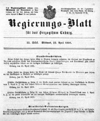 Regierungs-Blatt für das Herzogtum Coburg (Coburger Regierungs-Blatt) Mittwoch 22. April 1891