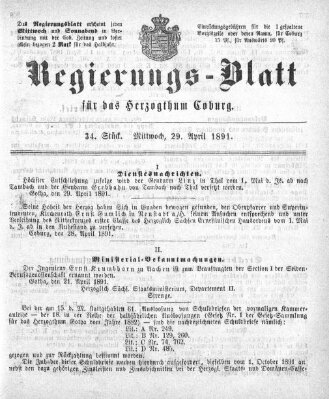 Regierungs-Blatt für das Herzogtum Coburg (Coburger Regierungs-Blatt) Mittwoch 29. April 1891