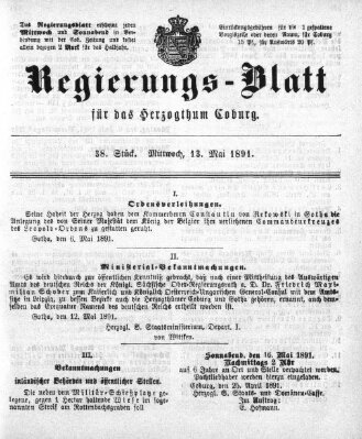 Regierungs-Blatt für das Herzogtum Coburg (Coburger Regierungs-Blatt) Mittwoch 13. Mai 1891